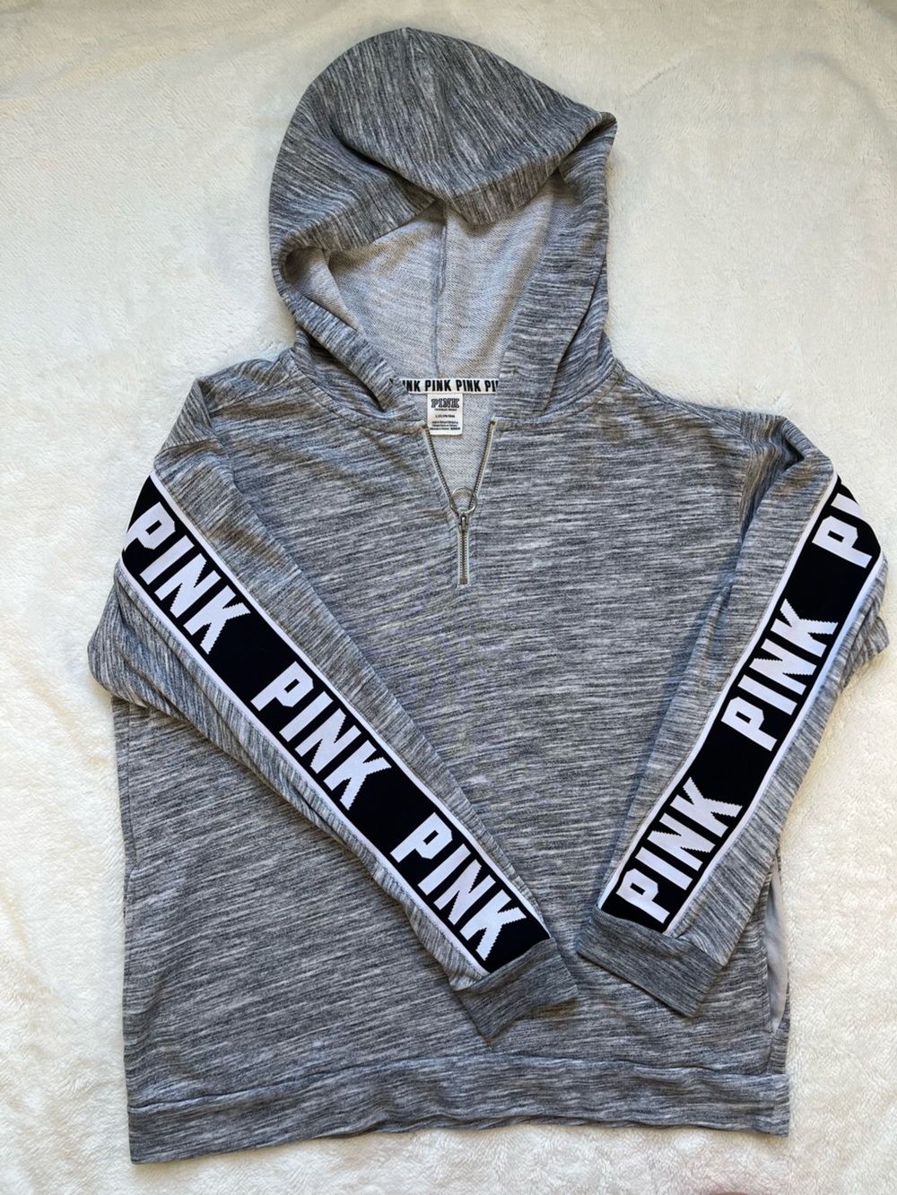 PINK Victoria's Secret Gray Quarter-Zip Hoodie with Black Logo Sleeve Tape